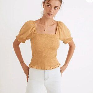 Madewell Lucie Puff-Sleeve Smocked Bodice Top - Yellow/Earthen Gold